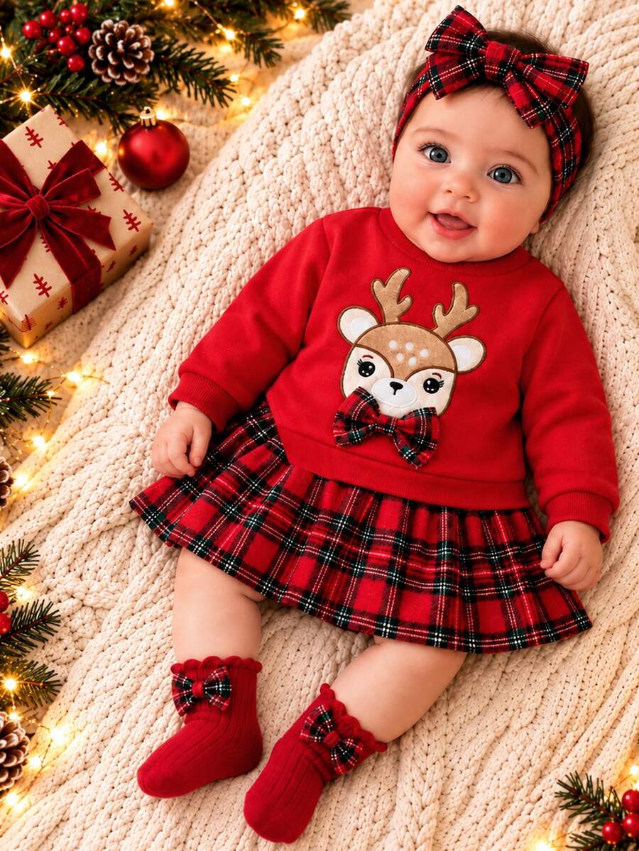 Souflis Souflis 1pc Baby Girl Toddler Tutu Dress Cute Sweet Red Plaid Reindeer Bow Patchwork Long Sleeve Round Neck Regular Winter Fall Holiday Ribbed Cuffs - Red - View 1