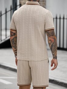 Manfinity Homme Men's Striped Short Sleeve Polo Shirt & Drawstring Shorts Casual Suit,Beige Textured Knit Outfit,Summer Vacation Fashion Outfit,Old Money Style,Y2k - Khaki - View 2