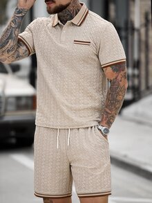 Manfinity Homme Men's Striped Short Sleeve Polo Shirt & Drawstring Shorts Casual Suit,Beige Textured Knit Outfit,Summer Vacation Fashion Outfit,Old Money Style,Y2k - Khaki - View 3