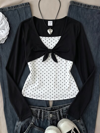 SHEIN Sparklyn 1pc Tween Girl V-Neck Long Sleeve Slim Fit T-Shirt, Simple Solid Color Casual Cute Top For Autumn School White And Black Polka Dot