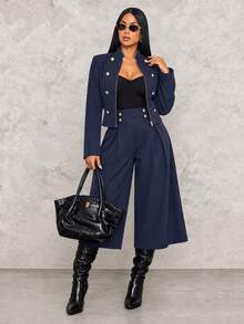 SOLERSUN Women's Vintage Elegant Two Pieces Suit Napoleon Inspired Cropped Jacket High Waist Wide Leg Pants Set Navy Blue Office Fall - Blue - View 2