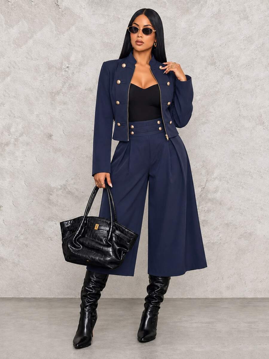 SOLERSUN Women's Vintage Elegant Two Pieces Suit Napoleon Inspired Cropped Jacket High Waist Wide Leg Pants Set Navy Blue Office Fall