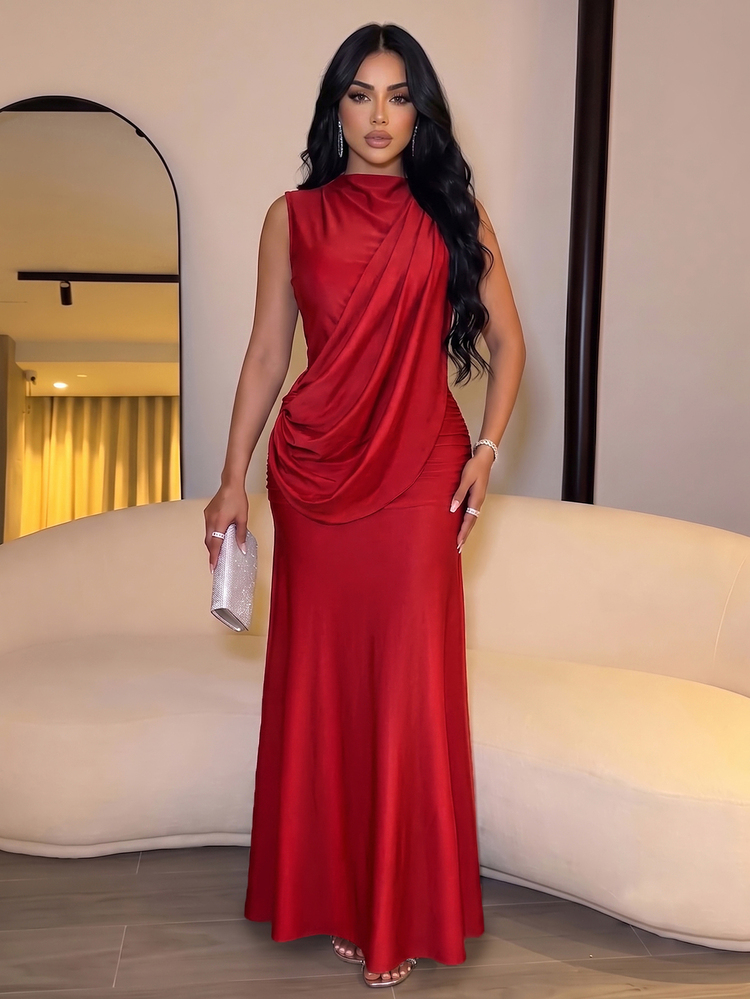 SOLERSUN Women's Summer/ Party Dinner Night Dress, Dark Red Shiny Fabric, High Neck, Sleeveless, Backless, Ribbon Decor, Ruched Hip, Extra Long Elegant - Burgundy - View 6