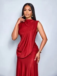 SOLERSUN Gaun Malam Musim Panas/Pesta Wanita, Kain Mengkilap Merah Tua, Leher Tinggi, Tanpa Lengan, Tanpa Punggung, Dekorasi Pita, Pinggul Berkerut, Ekstra Panjang dan Elegan - Burgundy - View 8