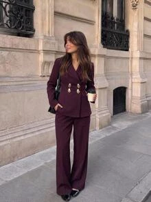 Aloruh Women's Metal Double-Breasted Long Sleeve Jacket And Pants Elegant Suit Set Autumn Clothes Work Outfits For Women Coat Set Work Outfits For Women - Burgundy - View 6