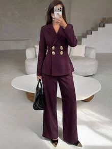 Aloruh Women's Metal Double-Breasted Long Sleeve Jacket And Pants Elegant Suit Set Autumn Clothes Work Outfits For Women Coat Set Work Outfits For Women - Burgundy - View 3
