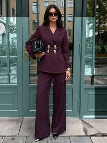 Aloruh Women's Metal Double-Breasted Long Sleeve Jacket And Pants Elegant Suit Set Autumn Clothes Work Outfits For Women Coat Set Work Outfits For Women - Burgundy - View 1