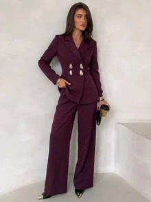 Aloruh Women's Metal Double-Breasted Long Sleeve Jacket And Pants Elegant Suit Set Autumn Clothes Work Outfits For Women Coat Set Work Outfits For Women - Burgundy - View 4