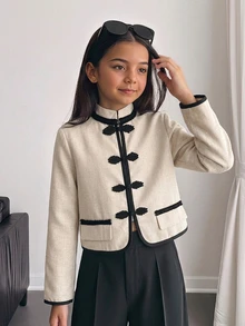 SHEIN Tween Girls Short "New Chinese Style" Jacket With Mandarin Collar And Frog Closures Autumn - Khaki - View 9
