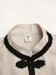 SHEIN Tween Girls Short "New Chinese Style" Jacket With Mandarin Collar And Frog Closures Autumn - Khaki - View 4