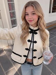 SHEIN Tween Girls Short "New Chinese Style" Jacket With Mandarin Collar And Frog Closures Autumn - Khaki - View 10