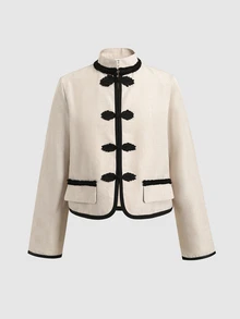 SHEIN Tween Girls Short "New Chinese Style" Jacket With Mandarin Collar And Frog Closures Autumn - Khaki - View 2