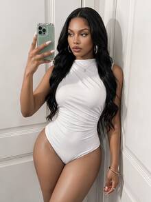 BamGleam Women Summer Sleeveless Bodysuit With Stand Collar And Tight Pleats - White - View 3