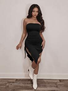 BamGleam Drawstring Side Asymmetrical Hem Tube Bodycon Dress - Black - View 4