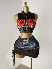 Mistrie Ladies' New Sexy Sleeveless Top & Denim Effect Printed Skirt With Drawstring Side Y2K And Cool Style Women Concert Outfit - Multicolor - View 5