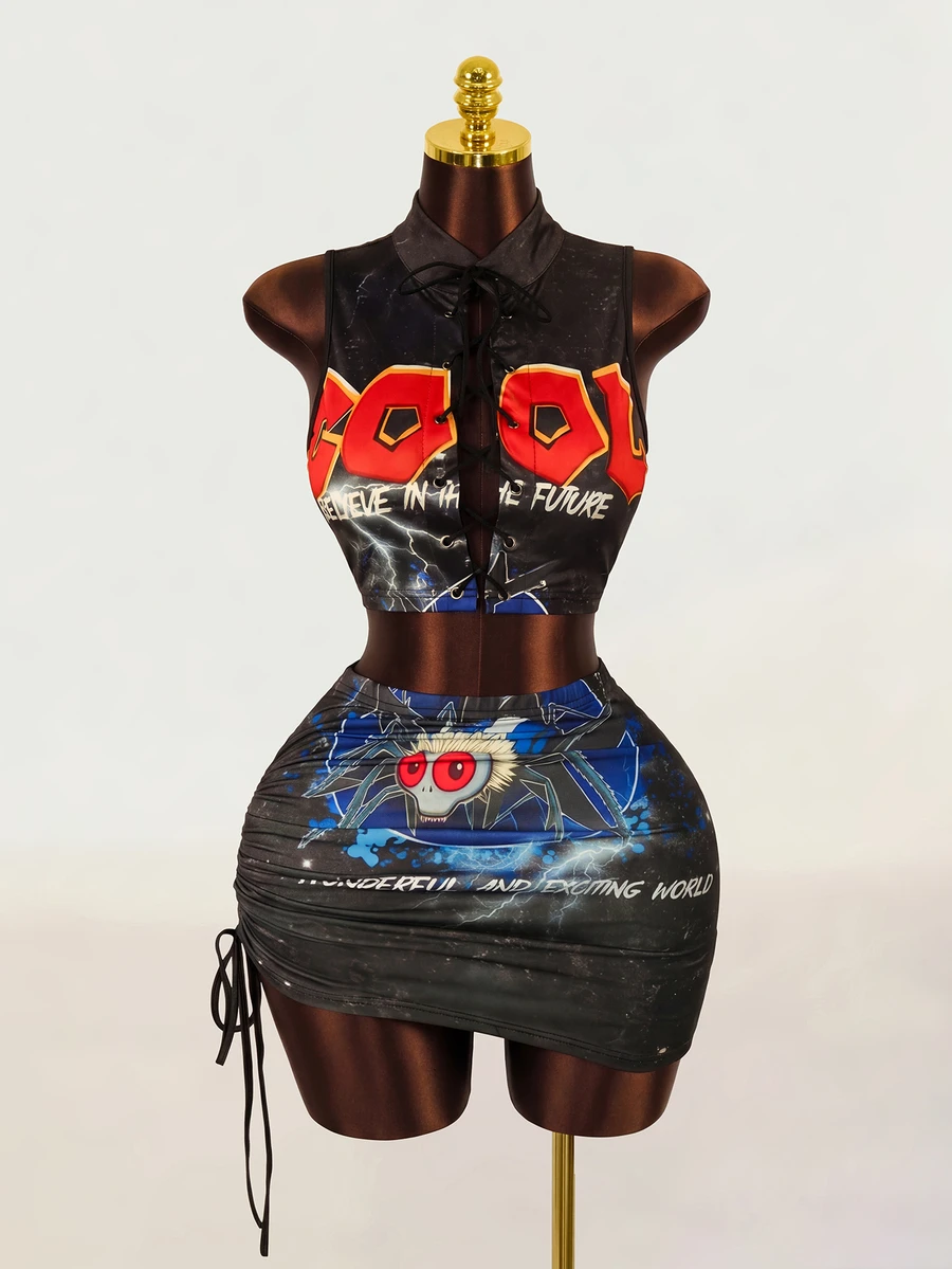 Mistrie Ladies' New Sexy Sleeveless Top & Denim Effect Printed Skirt With Drawstring Side Y2K And Cool Style Women Concert Outfit