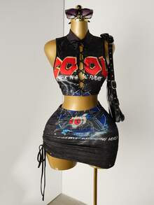 Mistrie Ladies' New Sexy Sleeveless Top & Denim Effect Printed Skirt With Drawstring Side Y2K And Cool Style Women Concert Outfit - Multicolor - View 6