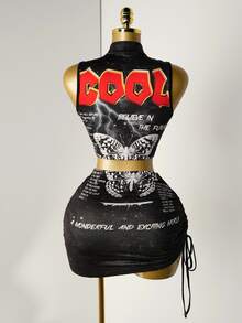 Mistrie Ladies' New Sexy Sleeveless Top & Denim Effect Printed Skirt With Drawstring Side Y2K And Cool Style Women Concert Outfit - Multicolor - View 3