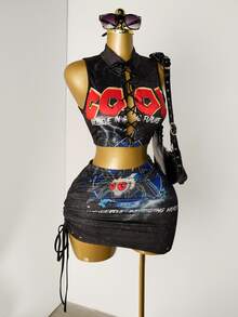 Mistrie Ladies' New Sexy Sleeveless Top & Denim Effect Printed Skirt With Drawstring Side Y2K And Cool Style Women Concert Outfit - Multicolor - View 8