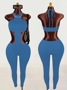 Zolique Women's Solid Color Waist Cutout Sexy Halter Bodysuit - Blue - View 1