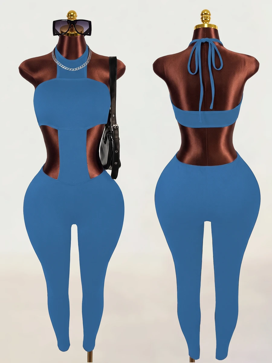 Zolique Women's Solid Color Waist Cutout Sexy Halter Bodysuit - Blue - View 1