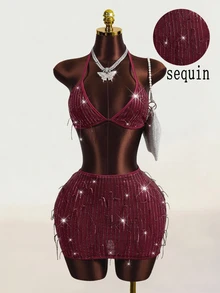 Zolique Women's Fringe Sequin Halter Crop Top And Bodycon Mini Skirt 2 Pieces Set,Burgundy Summer Club Night Rave Sparkly Glitter Elegant Party Dress - Burgundy - View 1