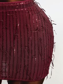 Zolique Women's Fringe Sequin Halter Crop Top And Bodycon Mini Skirt 2 Pieces Set,Burgundy Summer Club Night Rave Sparkly Glitter Elegant Party Dress - Burgundy - View 6