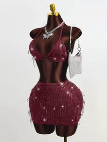 Zolique Women's Fringe Sequin Halter Crop Top And Bodycon Mini Skirt 2 Pieces Set,Burgundy Summer Club Night Rave Sparkly Glitter Elegant Party Dress - Burgundy - View 5