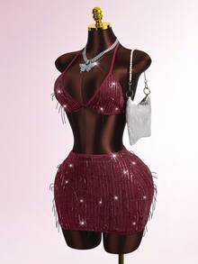 Zolique Women's Fringe Sequin Halter Crop Top And Bodycon Mini Skirt 2 Pieces Set,Burgundy Summer Club Night Rave Sparkly Glitter Elegant Party Dress - Burgundy - View 9