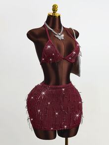 Zolique Women's Fringe Sequin Halter Crop Top And Bodycon Mini Skirt 2 Pieces Set,Burgundy Summer Club Night Rave Sparkly Glitter Elegant Party Dress - Burgundy - View 4