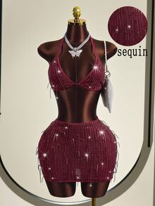 Zolique Women's Fringe Sequin Halter Crop Top And Bodycon Mini Skirt 2 Pieces Set,Burgundy Summer Club Night Rave Sparkly Glitter Elegant Party Dress - Burgundy - View 3