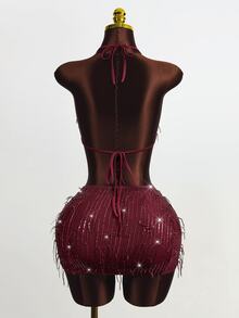 Zolique Women's Fringe Sequin Halter Crop Top And Bodycon Mini Skirt 2 Pieces Set,Burgundy Summer Club Night Rave Sparkly Glitter Elegant Party Dress - Burgundy - View 2
