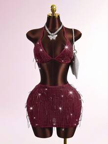 Zolique Women's Fringe Sequin Halter Crop Top And Bodycon Mini Skirt 2 Pieces Set,Burgundy Summer Club Night Rave Sparkly Glitter Elegant Party Dress - Burgundy - View 8