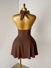 Mistrie Women's Solid Color Front Knot Halter Backless Dress, Summer - Brown - View 3