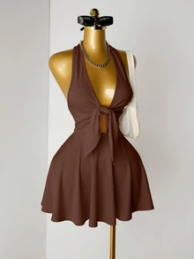 Mistrie Women's Solid Color Front Knot Halter Backless Dress, Summer - Brown - View 5