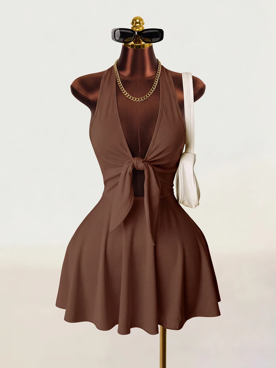 Mistrie Women's Solid Color Front Knot Halter Backless Dress, Summer