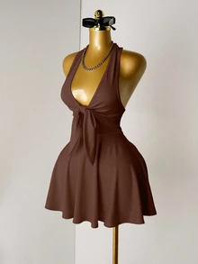 Mistrie Women's Solid Color Front Knot Halter Backless Dress, Summer - Brown - View 7