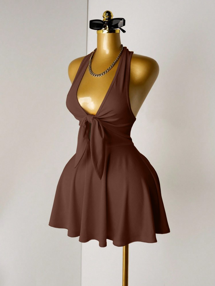 Mistrie Women's Solid Color Front Knot Halter Backless Dress, Summer - Brown - View 6
