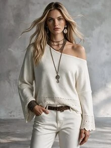 SHEIN French Style Casual Boho Asymmetric Neck Knit Sweater For Women Hollow Patchwork Flared Sleeve Loose Soft Fluffy Brunch Vacation Off-White Fall - Apricot - View 1