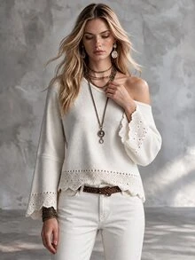 SHEIN French Style Casual Boho Asymmetric Neck Knit Sweater For Women Hollow Patchwork Flared Sleeve Loose Soft Fluffy Brunch Vacation Off-White Fall - Apricot - View 5