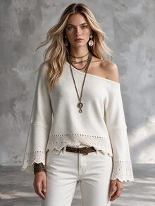 SHEIN French Style Casual Boho Asymmetric Neck Knit Sweater For Women Hollow Patchwork Flared Sleeve Loose Soft Fluffy Brunch Vacation Off-White Fall - Apricot - View 3