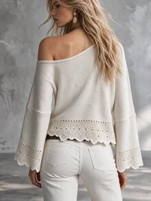 SHEIN French Style Casual Boho Asymmetric Neck Knit Sweater For Women Hollow Patchwork Flared Sleeve Loose Soft Fluffy Brunch Vacation Off-White Fall - Apricot - View 2