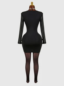 Mistrie Mock Neck Long Sleeve Splicing Hollow Out Bodycon Sexy Jumpsuit - Black - View 2