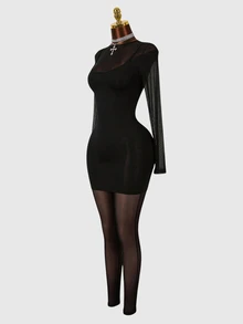 Mistrie Mock Neck Long Sleeve Splicing Hollow Out Bodycon Sexy Jumpsuit - Black - View 4