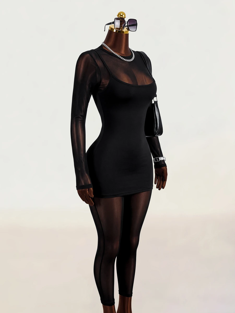 Mistrie Mock Neck Long Sleeve Splicing Hollow Out Bodycon Sexy Jumpsuit - Black - View 1