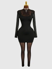 Mistrie Mock Neck Long Sleeve Splicing Hollow Out Bodycon Sexy Jumpsuit - Black - View 3