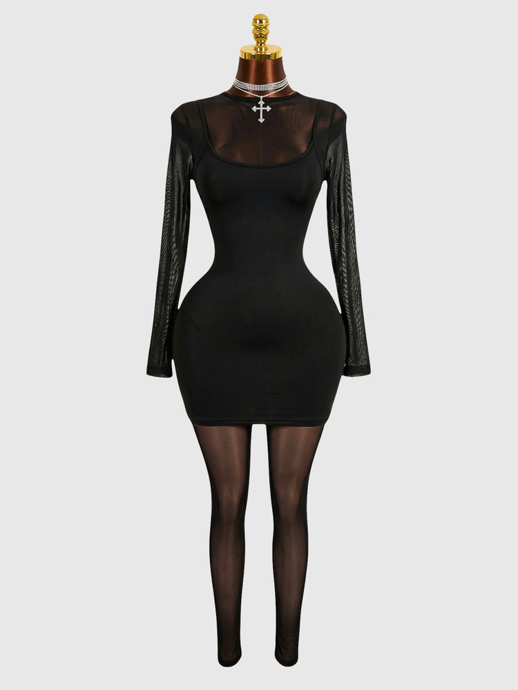 Mistrie Mock Neck Long Sleeve Splicing Hollow Out Bodycon Sexy Jumpsuit - Black - View 3