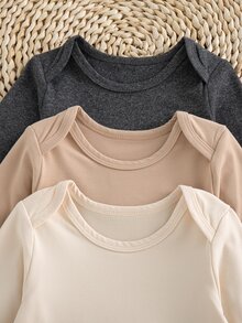 SHEIN 3件組男嬰長袖連身衣，柔軟親膚保暖簡約圖案百搭，適合嬰兒，家庭灰色卡其色白色秋季款 - 彩色 - 查看 4