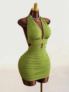 Mistrie Women's Deep V-Neck Backless Halter Cutout Dress Olive Green Summer Techno Club Night Out Party Rave Bodycon Vacation Beach Short Elegant Sexy - Green - View 2