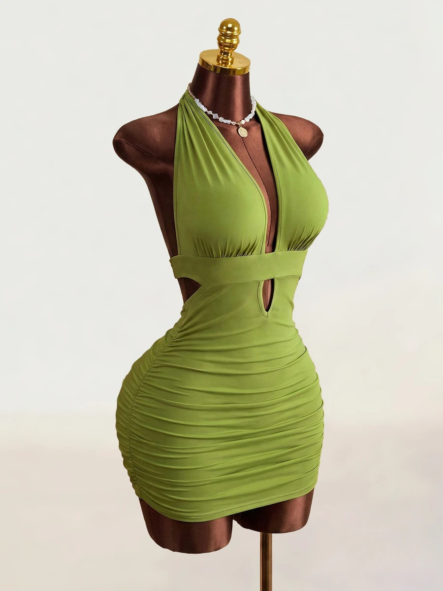 Mistrie Women's Deep V-Neck Backless Halter Cutout Dress Olive Green Summer Techno Club Night Out Party Rave Bodycon Vacation Beach Short Elegant Sexy